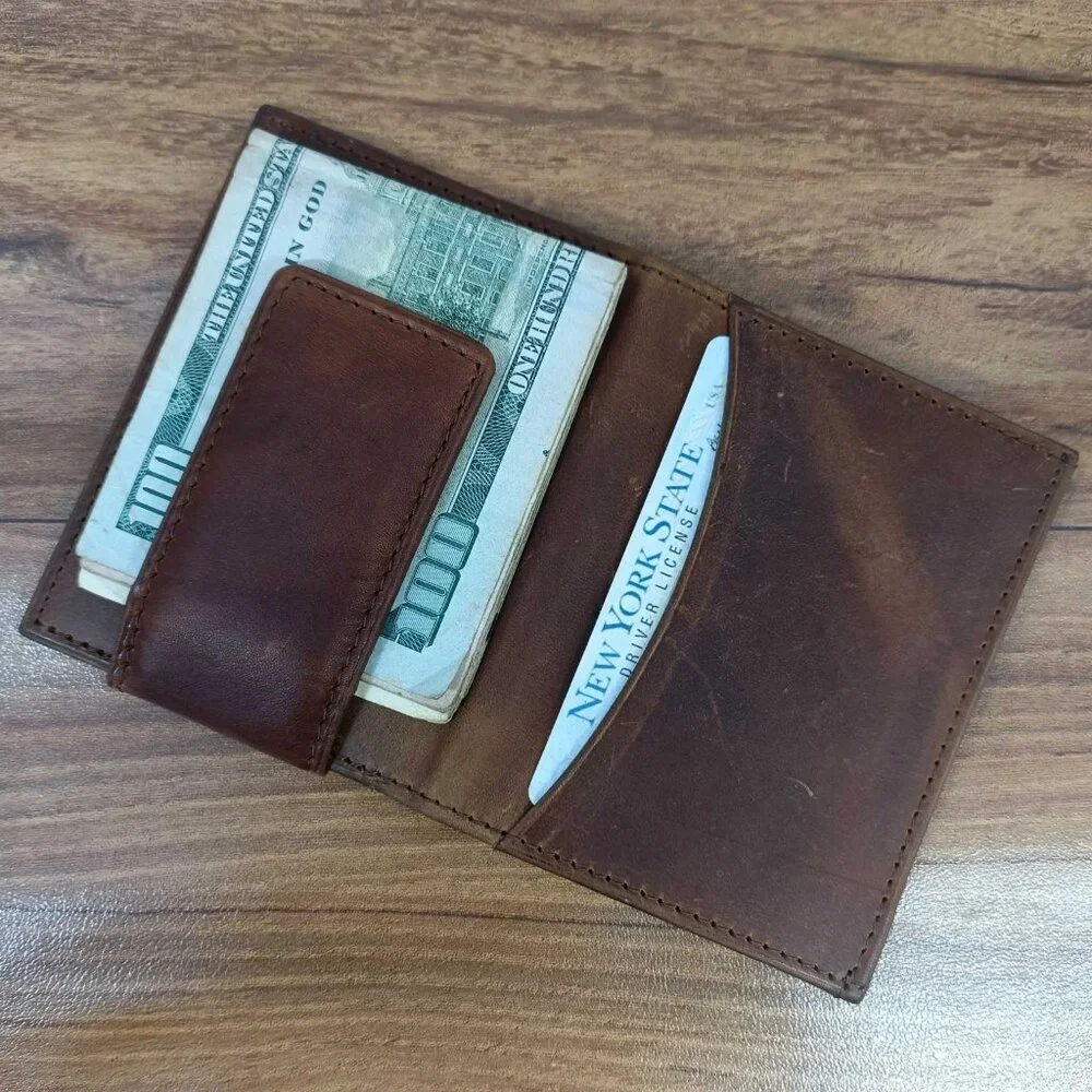 Hunter Leather Bifold Magnetic Money Clip Wallet, Slim Wallet